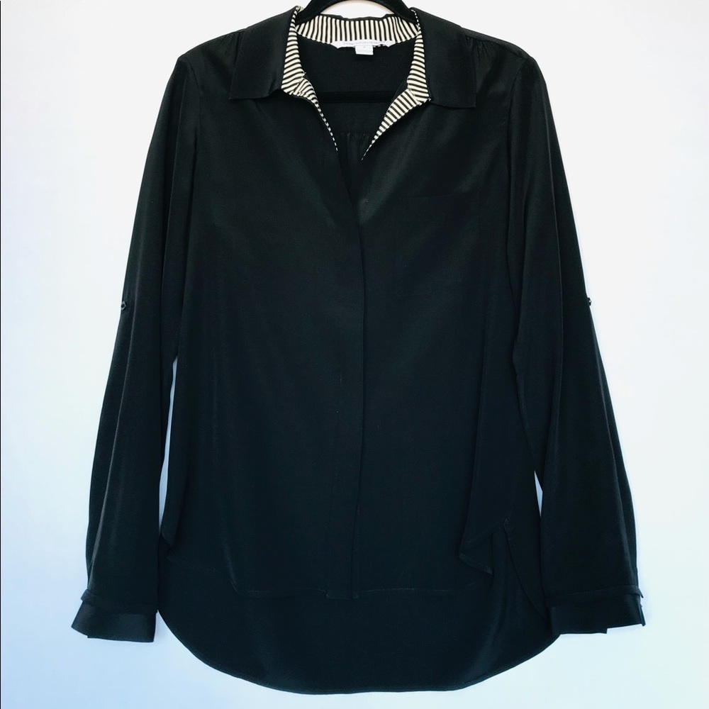 Diane Von Furstenberg DVF Black Collar Lorelei Long Sleeve Button Up Silk Blouse